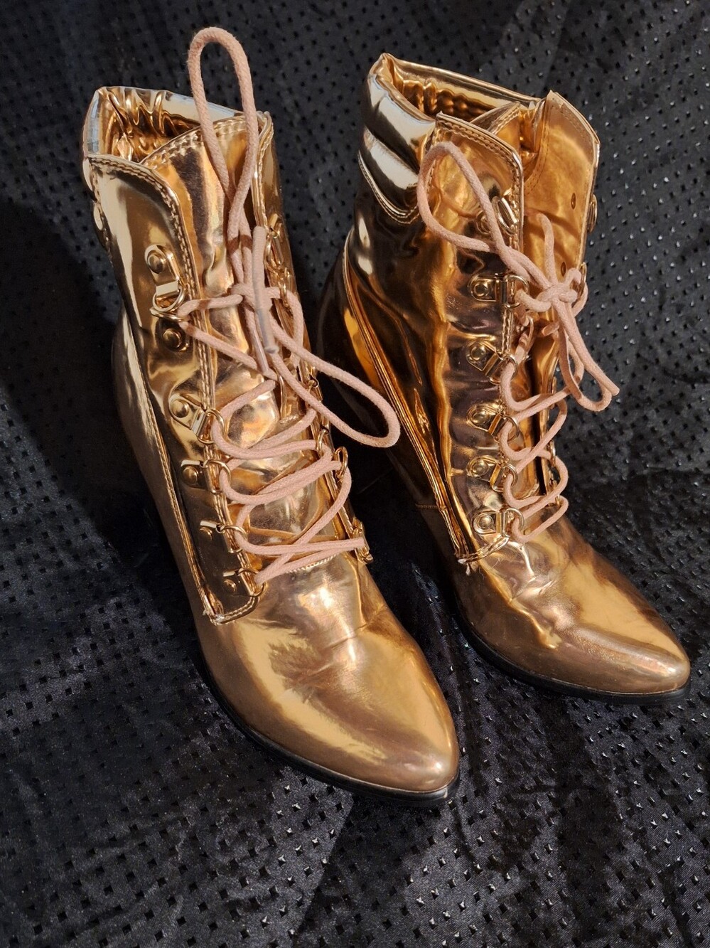 Metallic Rose Gold Lace-Up Ankle Boots - Women's Fashion Boots